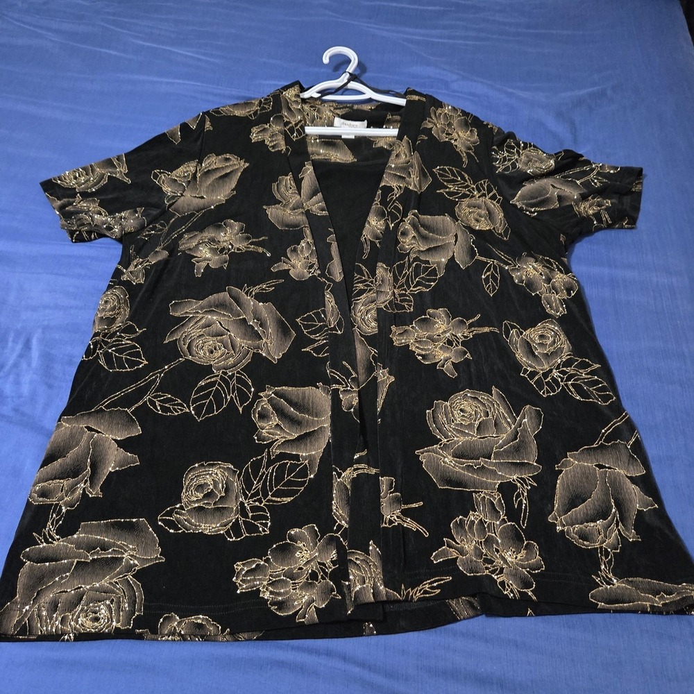 Dressbarn Blouse Womens 20W Black‎ Floral Metallic Glitter Rose Design Tunic Top